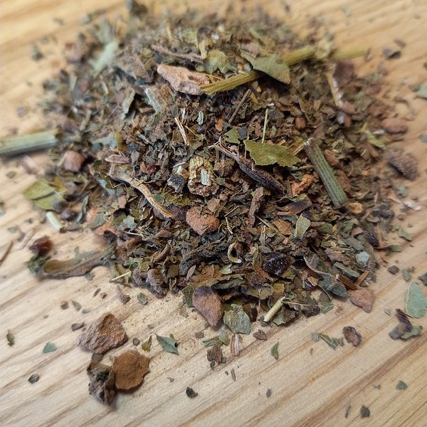 passionflower, mint, cacao nibs, horny goat root, cinnamon, rose hips, clove, and licorice root