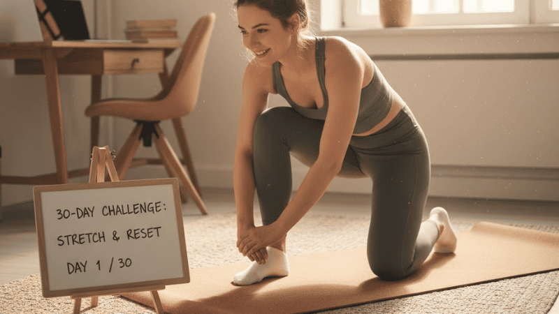 Untitled design (30) Relaxed woman doing yoga on a mat at home during a 30-day stretch and reset challenge.
