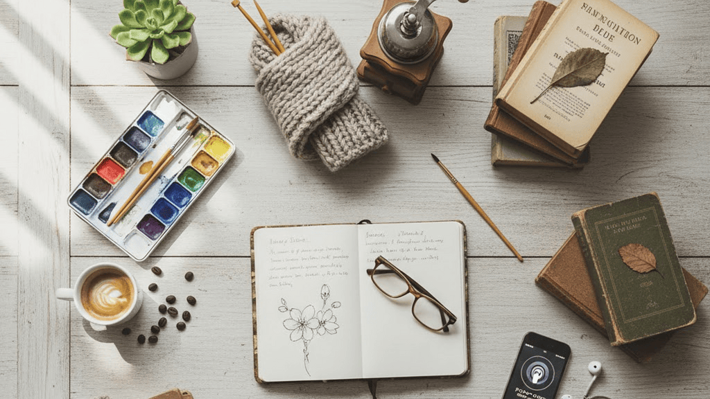 Vibrant watercolor paint set with brushes, cozy knitted blanket, stack of vintage books, and a potted succulent on a white wooden table with a cup of coffee, journal, and reading glasses.