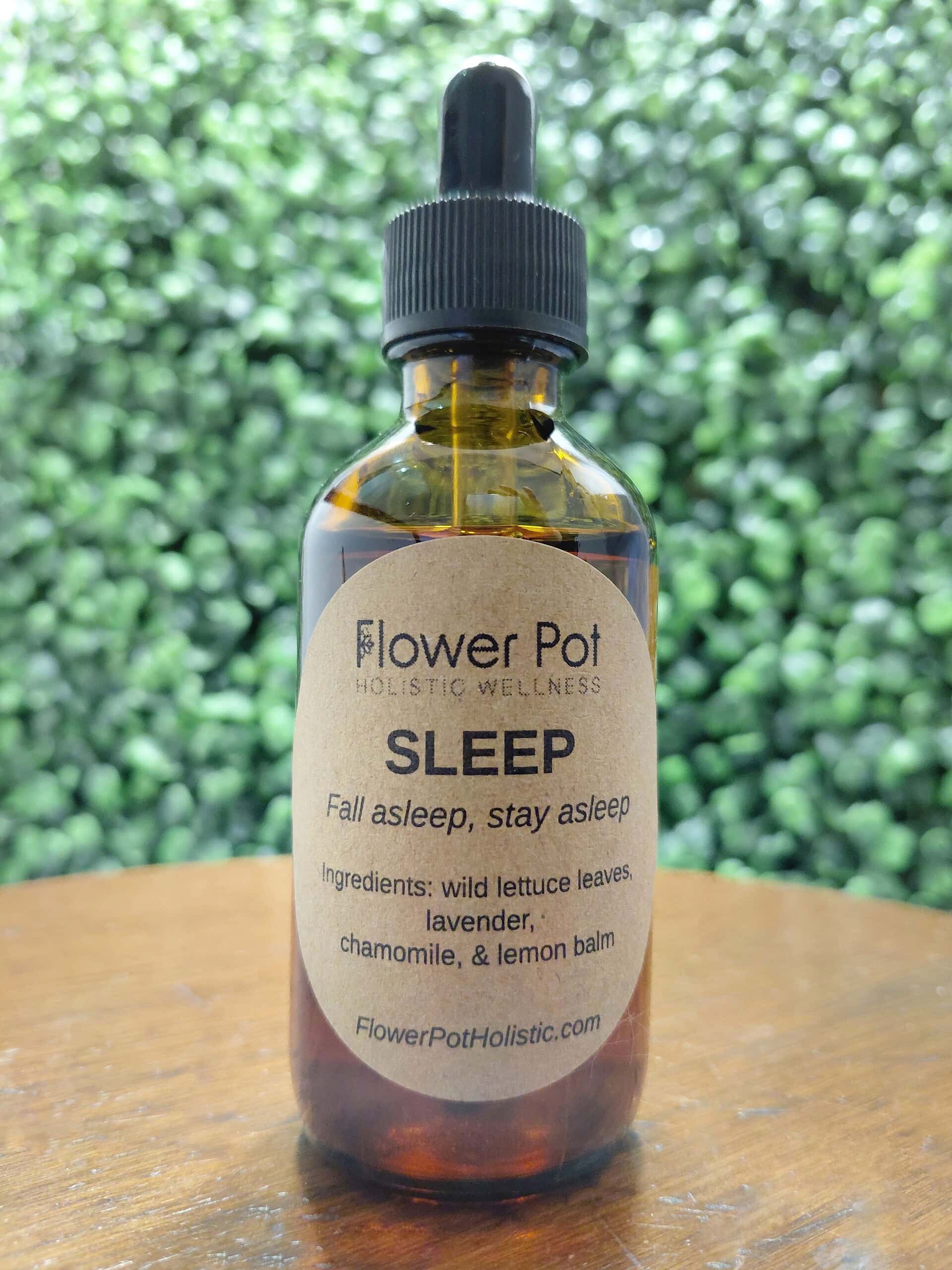 Aromatherapy sleep tincture featuring wild lettuce, lavender, chamomile, and lemon balm for restful sleep. Ideal for relaxation and stress relief.