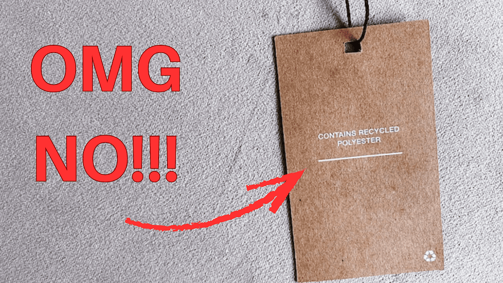 Alt text: Recycled polyester tag with a black string, indicating eco-friendly material, on a textured gray background.