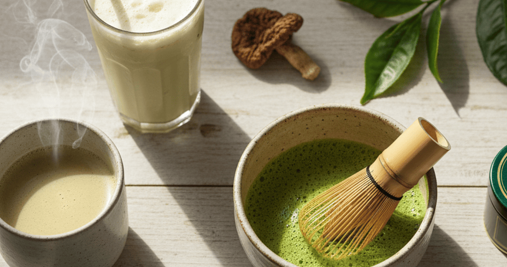 Traditional matcha whisk and green tea bowl with frothy matcha tea, highlighting the health benefits of matcha compared to regular green tea.