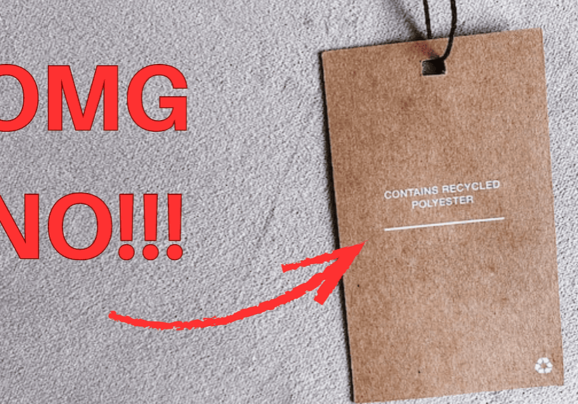 Alt text: Recycled polyester tag with a black string, indicating eco-friendly material, on a textured gray background.