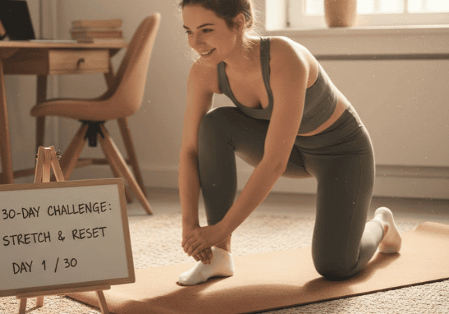 Relaxed woman doing yoga on a mat at home during a 30-day stretch and reset challenge.