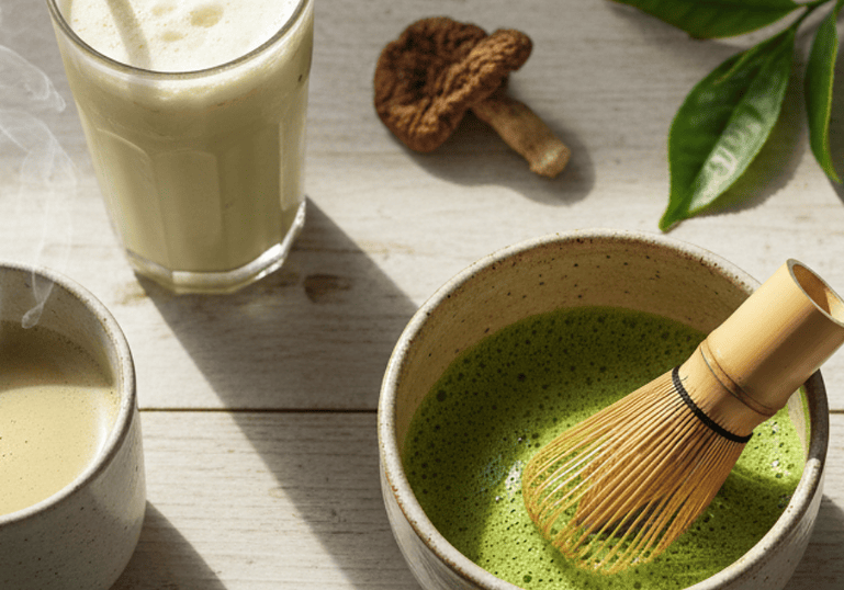 Traditional matcha whisk and green tea bowl with frothy matcha tea, highlighting the health benefits of matcha compared to regular green tea.
