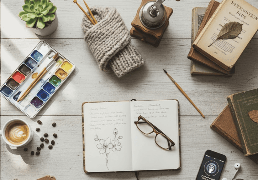 Vibrant watercolor paint set with brushes, cozy knitted blanket, stack of vintage books, and a potted succulent on a white wooden table with a cup of coffee, journal, and reading glasses.